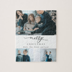 Modern Minimal Script 3 Photo Merry Christmas Jigsaw Puzzle