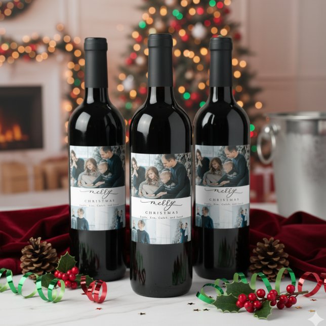 Modern Minimal Script 3 Photo Merry Christmas  Wine Label (Creator Uploaded)