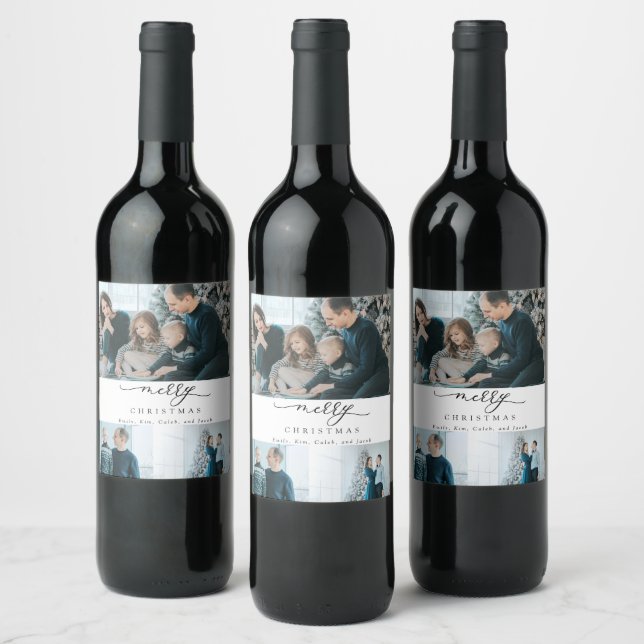 Modern Minimal Script 3 Photo Merry Christmas  Wine Label (Bottles)