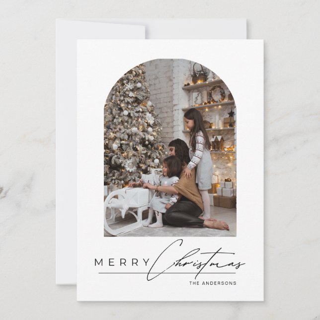 Modern Minimal Script Arch Family Photo Christmas Holiday Card (Front)