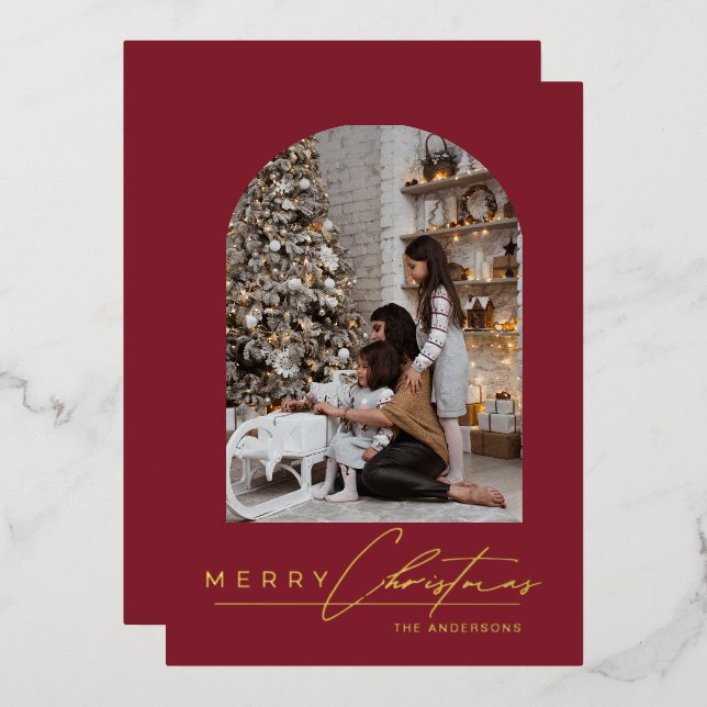 Modern Minimal Script Arch Photo Red Christmas Foil Holiday Card (Front/Back)