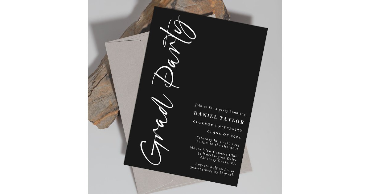Modern Minimal Script Black White Graduation Party Invitation | Zazzle