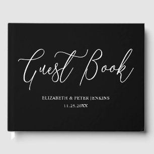 Modern Minimal Script Black White Wedding Guest Book
