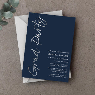 Modern Minimal Script Blue Silver Graduation Party
