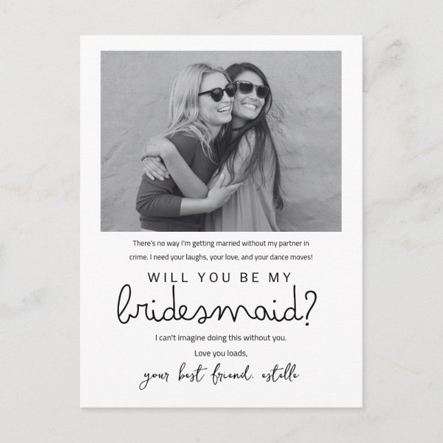 Modern Minimal Script Bridesmaid  Photo Card (Front)
