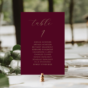 Modern Minimal Script Burgundy Gold Wedding Table Number