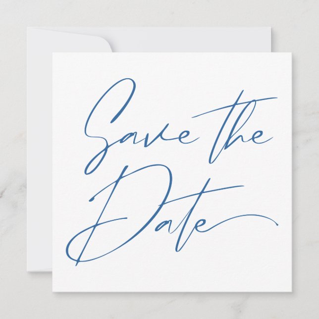 Modern Minimal Script Calligraphy Navy Blue Save The Date (Front)