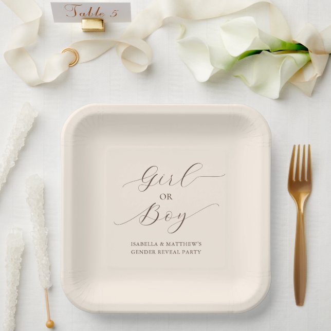 Modern Minimal Script Gender Reveal Party Beige Paper Plate (Wedding)