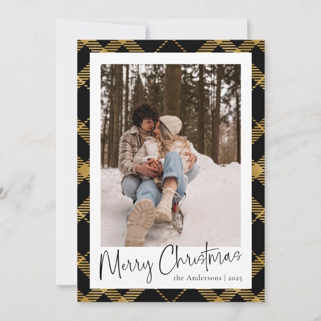 Modern Minimal Script | Gold Plaid Christmas Photo Holiday Card (Front)