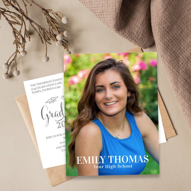 Modern Minimal Script Graduation Announcement Postcard (Modern minimal script graduation announcement with clean typography and portrait focus.)