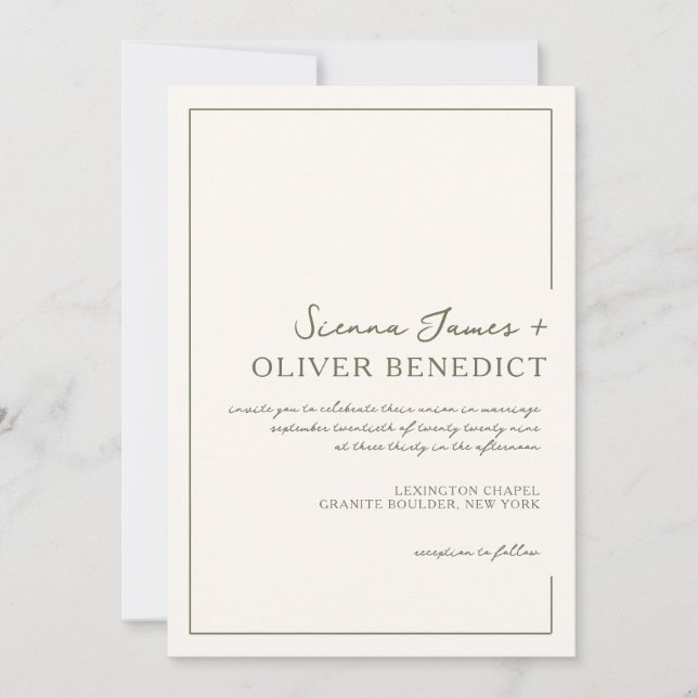 Modern Minimal Script Green Border Wedding  Invitation (Front)