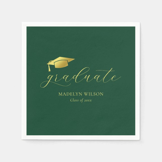 Modern Minimal Script Green Gold Graduation Party Napkin (Front)