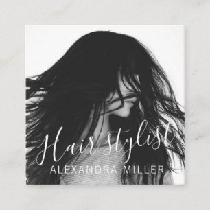 Modern minimal script hair stylist photo square business card