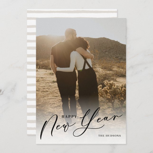 Modern Minimal Script Happy New Year Photo Holiday (Front/Back)