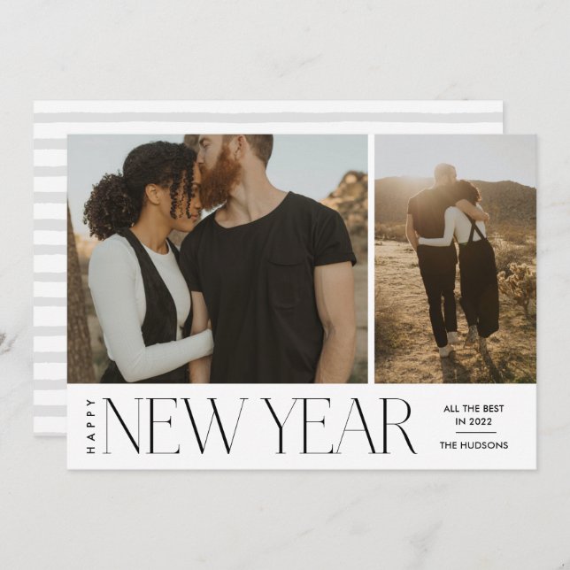 Modern Minimal Script Happy New Year Photo Holiday (Front/Back)