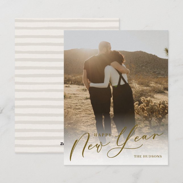 Modern Minimal Script Happy New Year Photo Holiday Card (Front/Back)