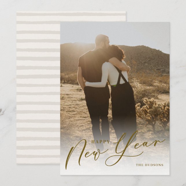 Modern Minimal Script Happy New Year Photo Holiday Card (Front/Back)