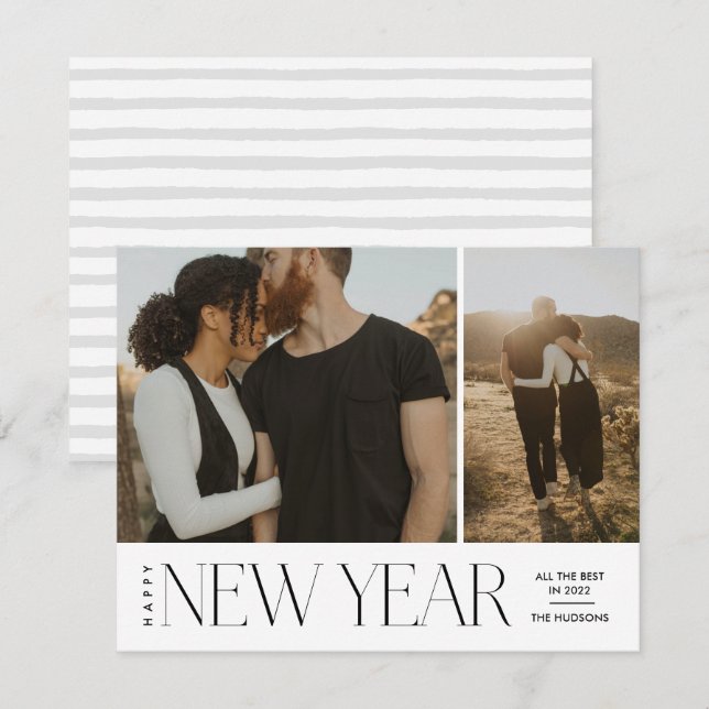 Modern Minimal Script Happy New Year Photo Holiday Card (Front/Back)