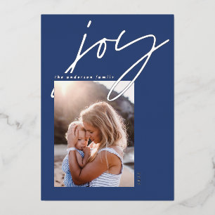 modern minimal script joy 1 photo blue elegant foil holiday card