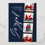 Modern minimal script multi photo christmas blue foil holiday card<br><div class="desc">Modern minimal script multi photo Christmas navy blue retro design. Elegant classy real gold,  silver and rose gold foil design.</div>