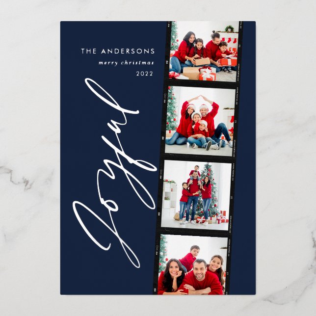 Modern minimal script multi photo christmas blue foil holiday card (Front)