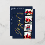 Modern minimal script multi photo Christmas blue Foil Holiday Postcard<br><div class="desc">Modern minimal script multi photo Christmas retro navy blue design. Elegant classy real gold,  silver and rose gold foil design.</div>