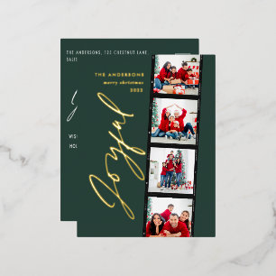 Modern minimal script multi photo Christmas green Foil Holiday Postcard