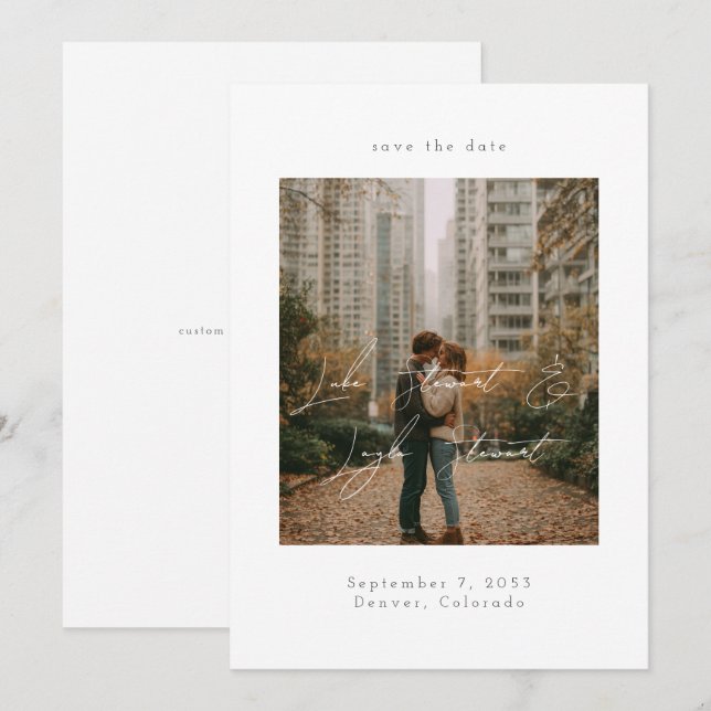 Modern Minimal Script Over Photo Wedding  Save The Date (Front/Back)