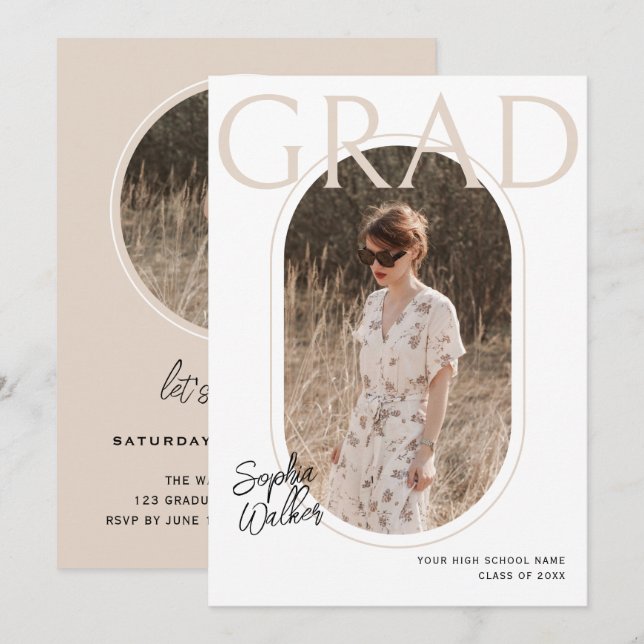 Modern Minimal Script Photo Graduation Party Beige Invitation (Front/Back)