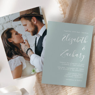 Modern Minimal Script Photo Sea Glass Wedding Invitation