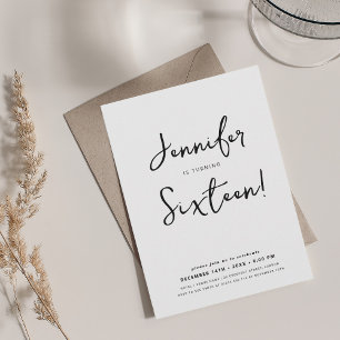 Modern Minimal Script Sweet 16 Black & White Invitation