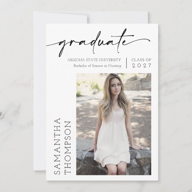 Modern Minimal Script Two Photo Graduation Party Invitation (Front)