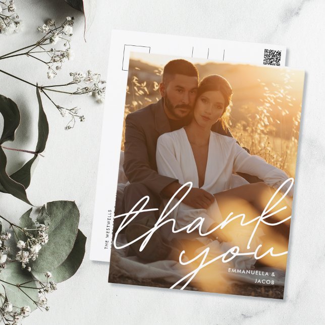Modern Minimal Script Wedding Photo Thank You Card (Creator Uploaded)