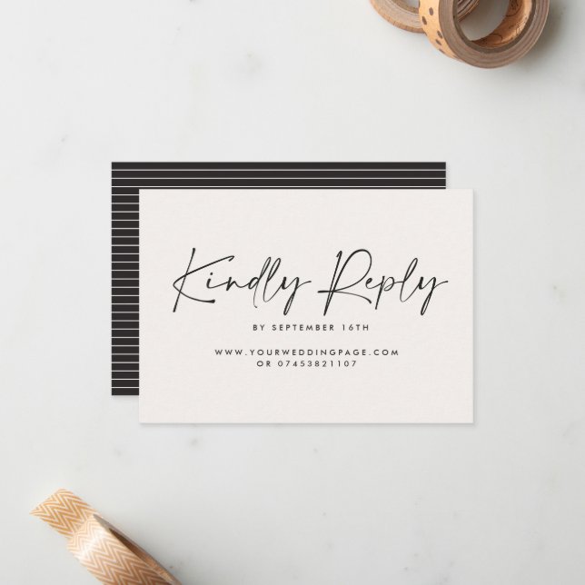 Modern Minimal Script Wedding RSVP with Stripe abc Card (Front/Back In Situ)