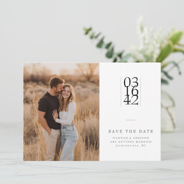 Modern Minimal Serif Wedding Photo Save the Date (Standing Front)