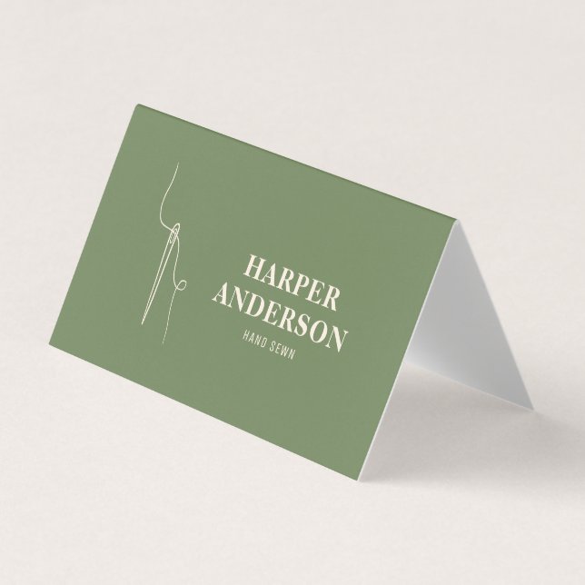 Modern Minimal Sewing Needle Logo Green Custom  Business Card (Front)