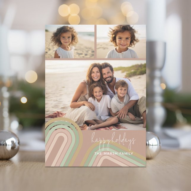 Modern Minimal Shades of Champagne Stripes - Photo Holiday Card (Soft, retro pastel holiday card with boho stripes and 3 photos.)
