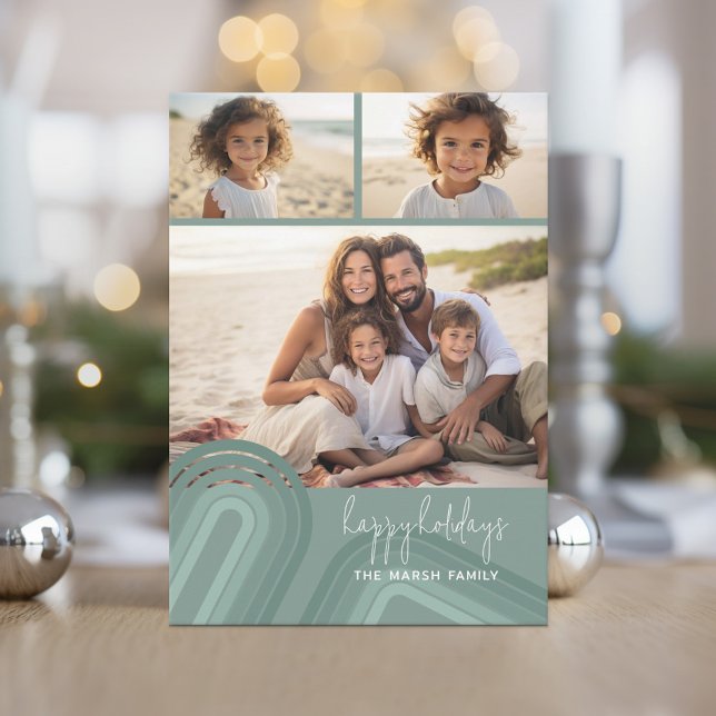 Modern Minimal Shades of pastel blue Stripes Holiday Card (Soft, retro pastel holiday card with boho stripes and 3 photos.)