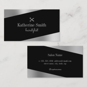 Modern minimal silver & black scissors hairstylist business card