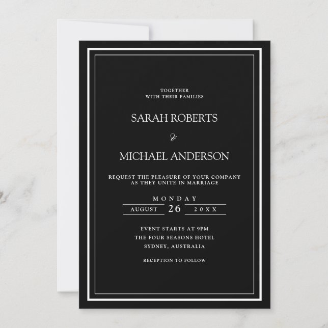Modern Minimal Simple Black Tie Frame Wedding Invitation (Front)