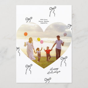 Modern Minimal Simple Bows Heart Shape Photo Happy Holiday Card