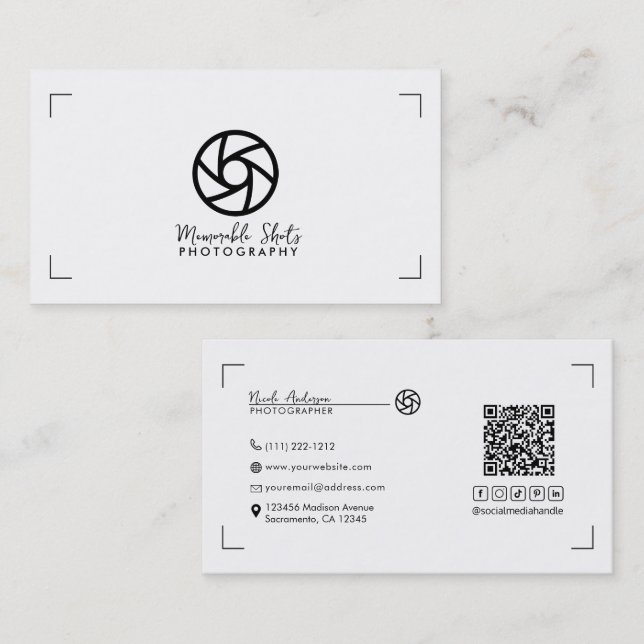 Modern Minimal Simple Camera Photographer  Business Card (Front/Back)