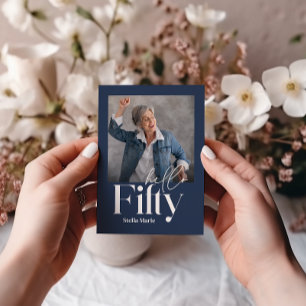 Modern minimal simple navy blue 50th birthday invitation