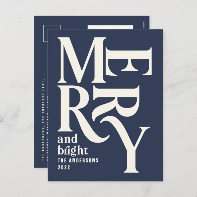 Modern minimal simple navy blue merry Christmas Holiday Postcard (Front/Back)