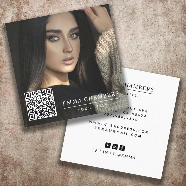 Modern Minimal Simple Photo QR Code Social Media  Square Business Card (Creator Uploaded)