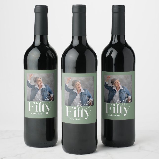 Modern minimal simple sage green 50th birthday wine label (Bottles)