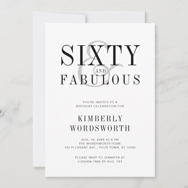 Modern Minimal Sixty and Fabulous 60th Birthday Invitation (Front)
