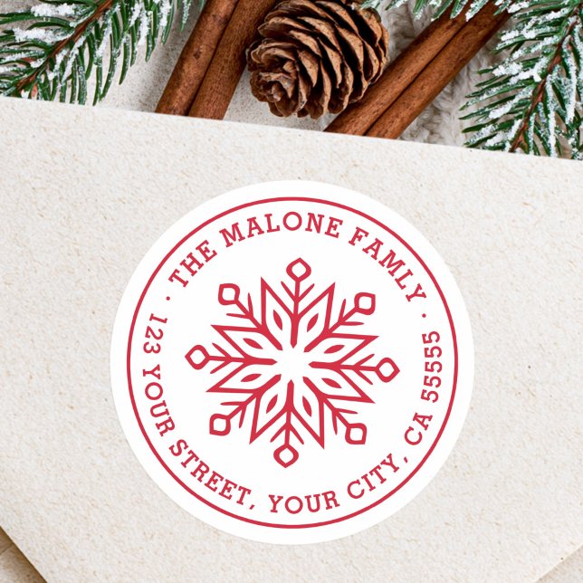 Modern minimal snowflake red return address classic round sticker (Modern minimal snowflake red return address classic round sticker)