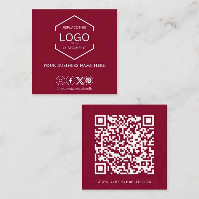 Modern Minimal Social Media QR Code Burgundy Square Business Card (Front/Back)