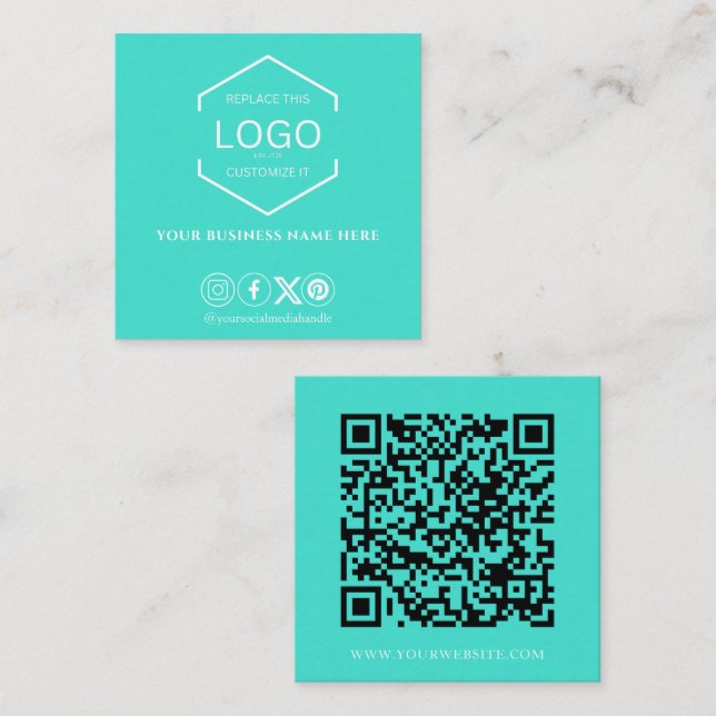Modern Minimal Social Media QR Code Turquoise Square Business Card (Front/Back)